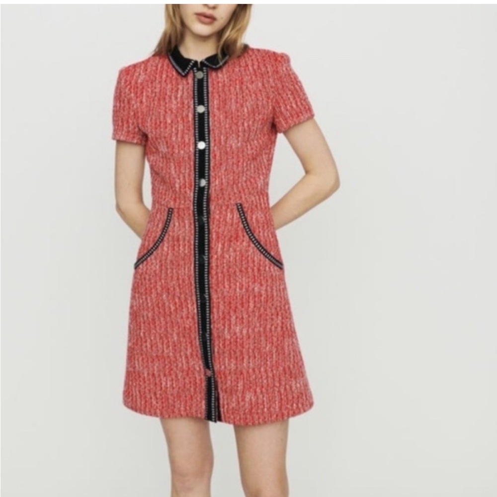 Maje Renati Tweed Red/Black Mini Dress Size 38
